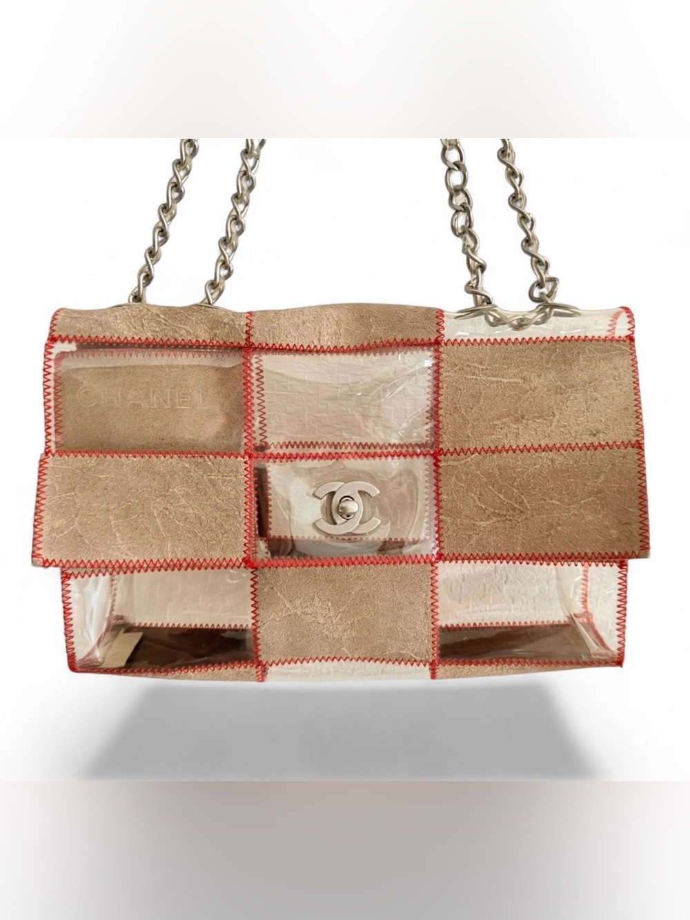 CHANEL Beige and Clear Patchwork Chain Shoulder Bag with Red Stitching